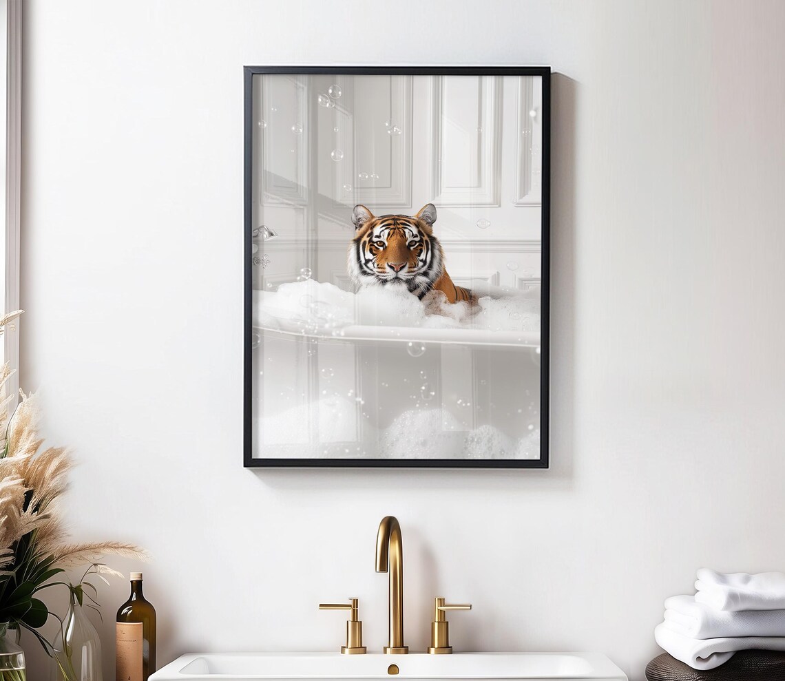 Tiger Soaking in Bubble Bath Bathtub Funny Animal Bathroom Wall Art - Image 4