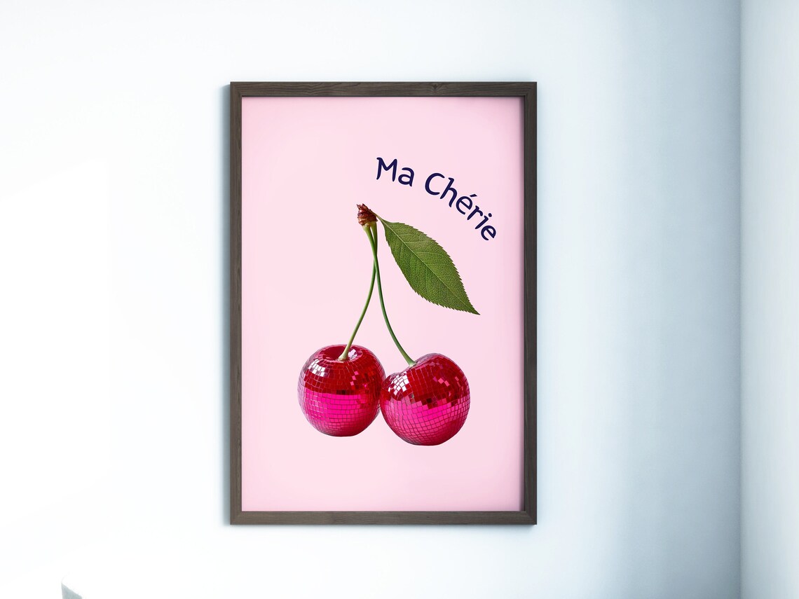 Pink Disco Ball Cherries Ma Cherie French Aesthetic Retro Poster - Image 4