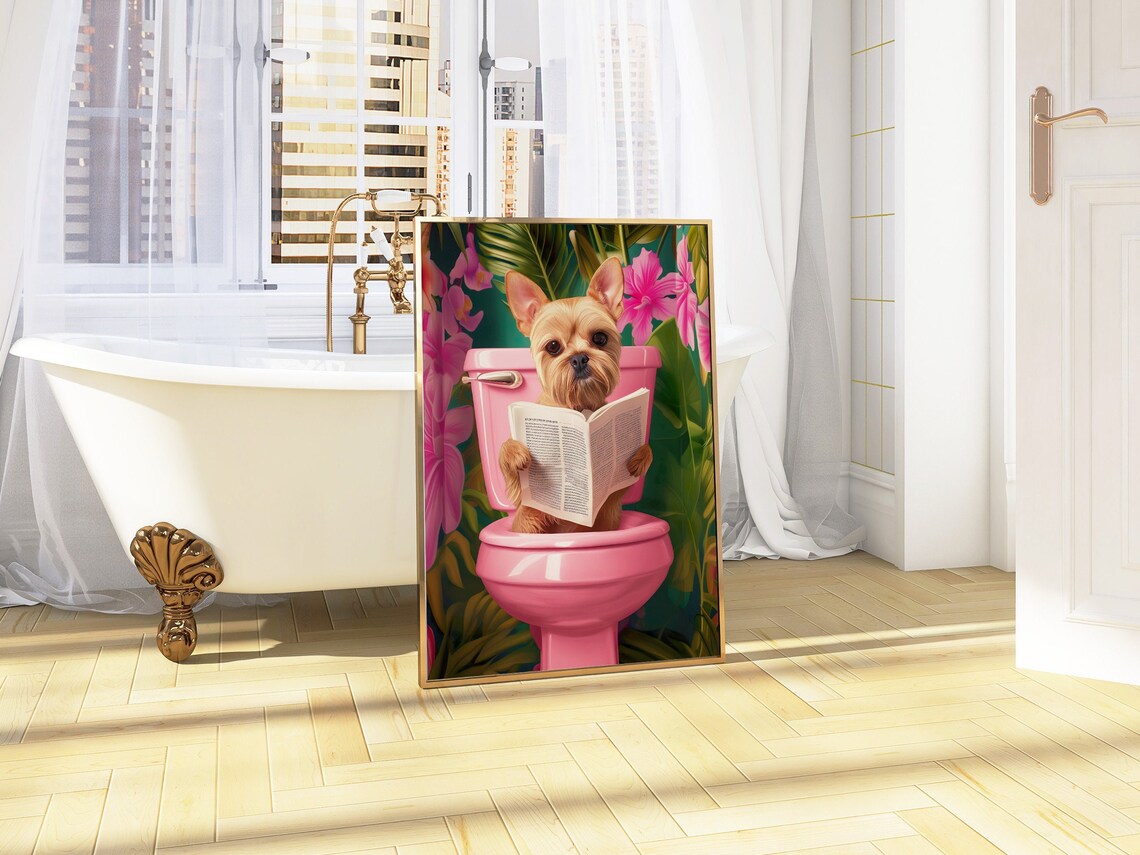 Yorkshire Terrier Reading Book Pink Toilet Funny Dog Decor Poster - Image 4