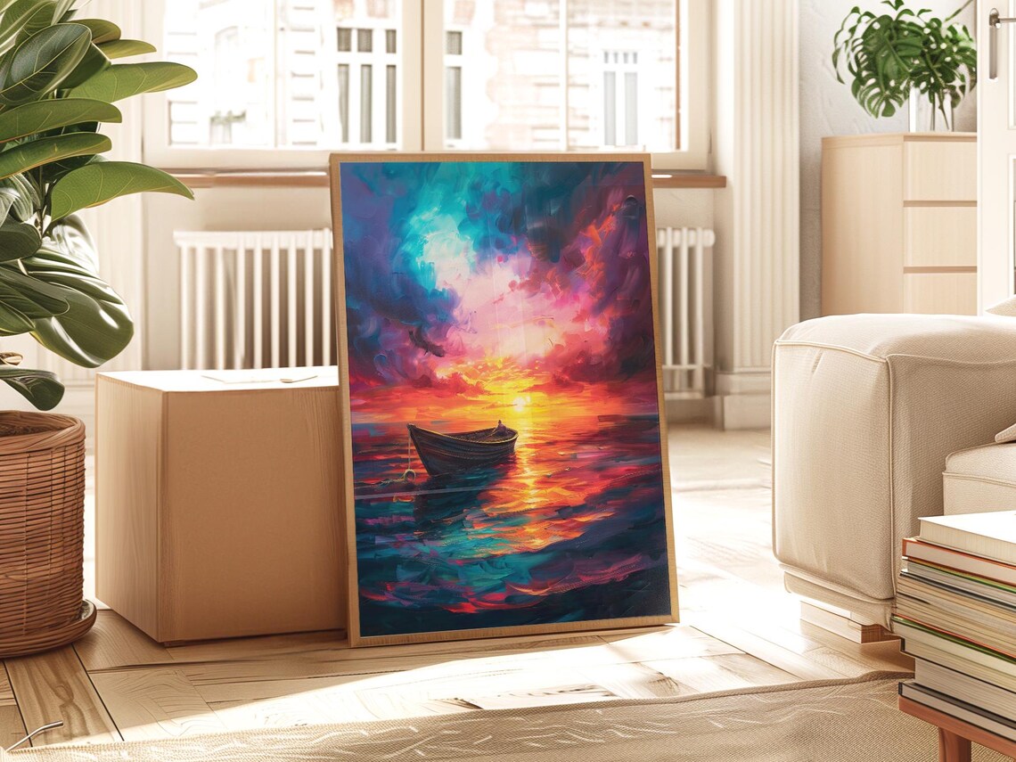 Rowboat On A Colorful Sunset Sea Impasto Oil Painting With Dramatic Clouds Poster - Image 2