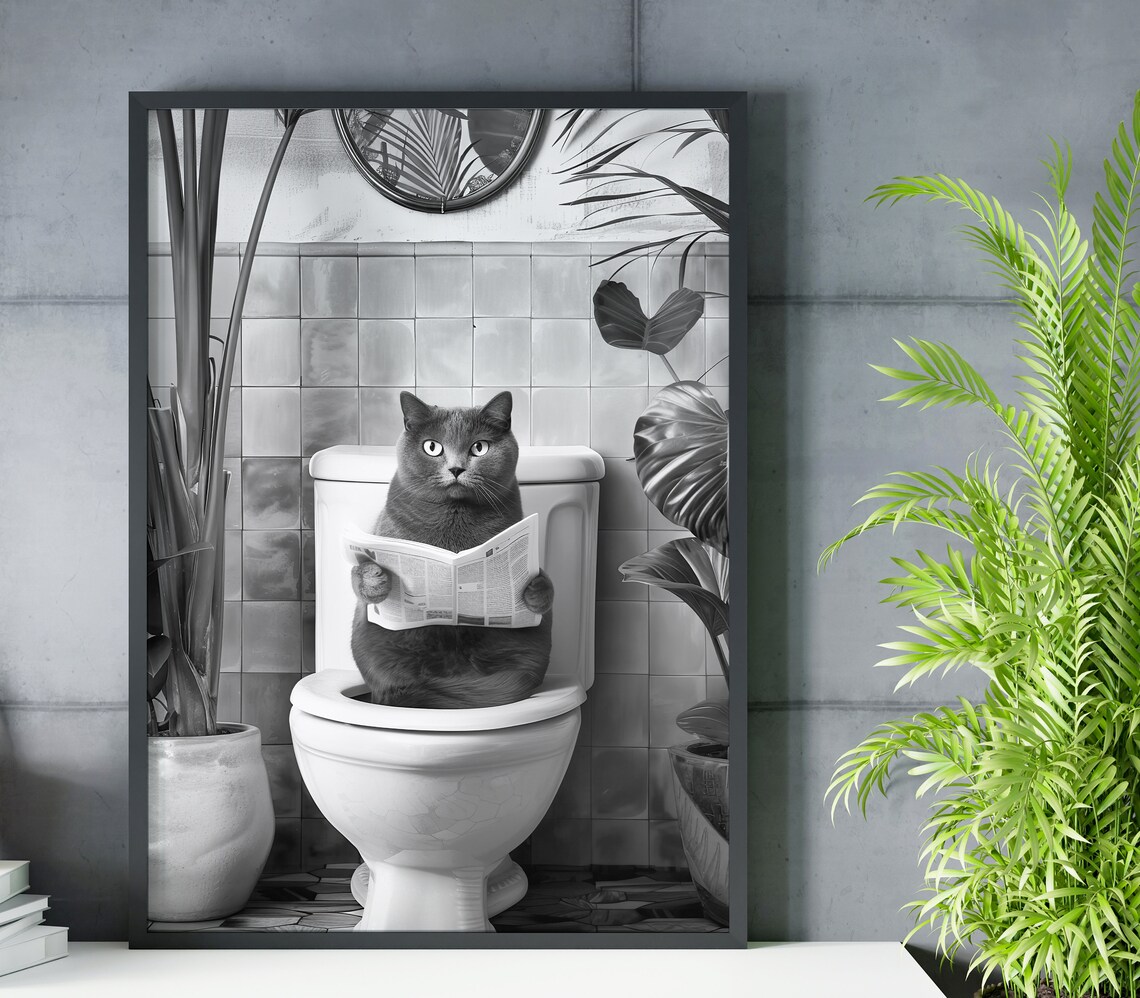 Black White Cat Reading Newspaper On Toilet Funny Bathroom Poster