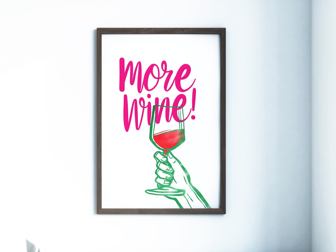 More Wine Pink Retro Script Hand Wine Glass Bar Cart Decor Poster - Image 2