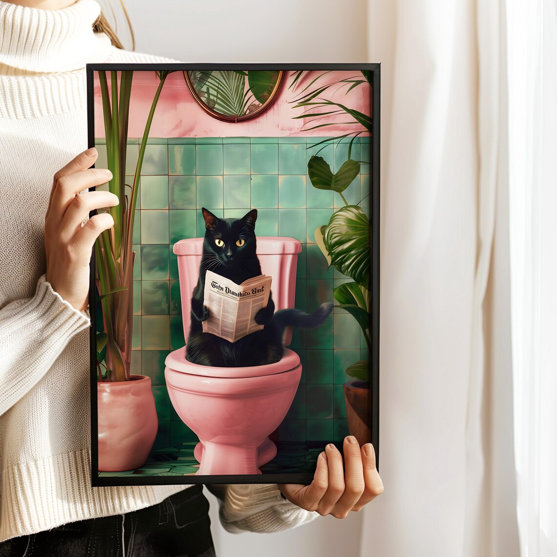 Bathroom Cat Reading on Toilet Funny Bathroom Art - Image 2
