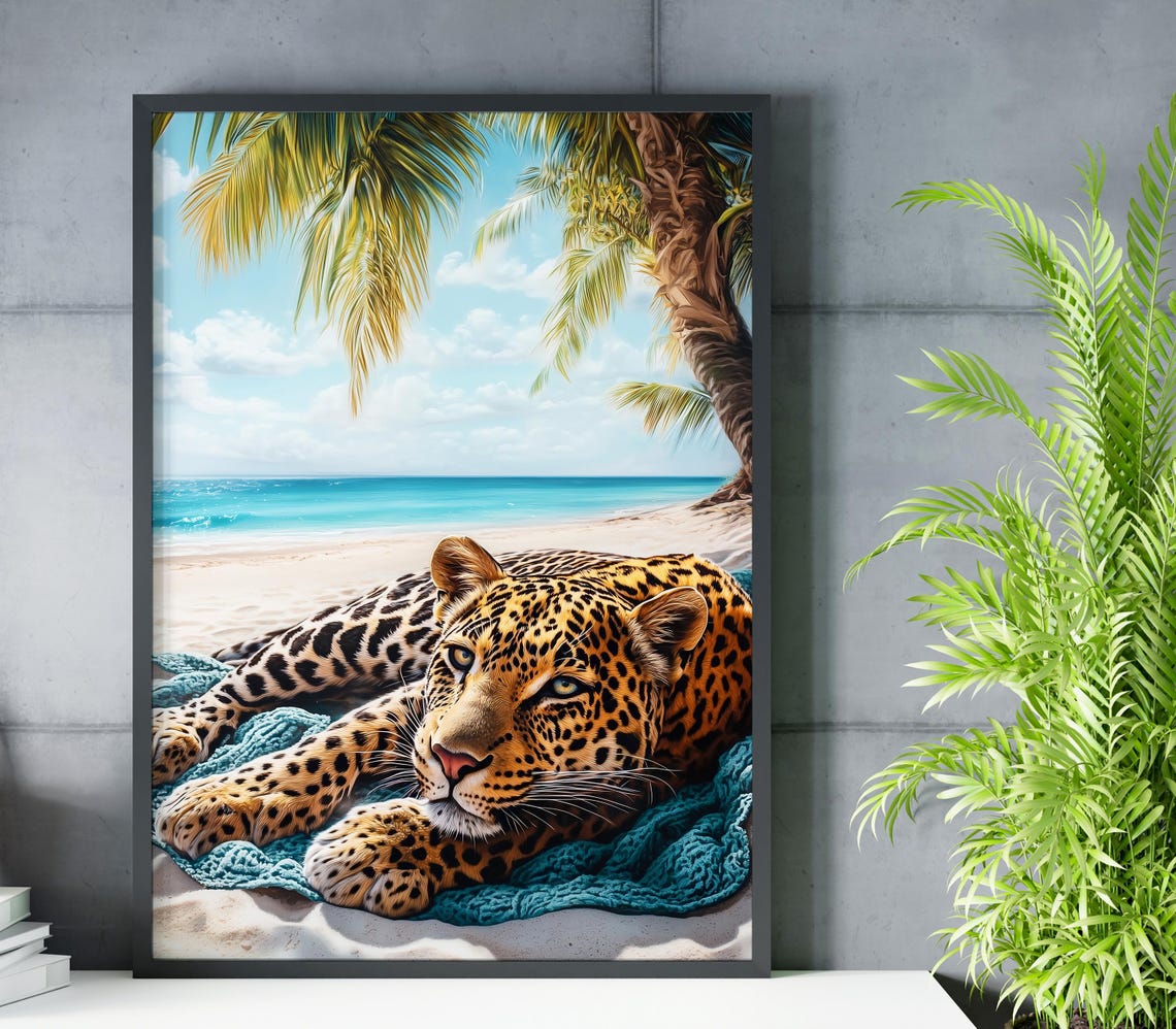 Leopard Lounging on a Tropical Beach With Palm Trees Art Poster