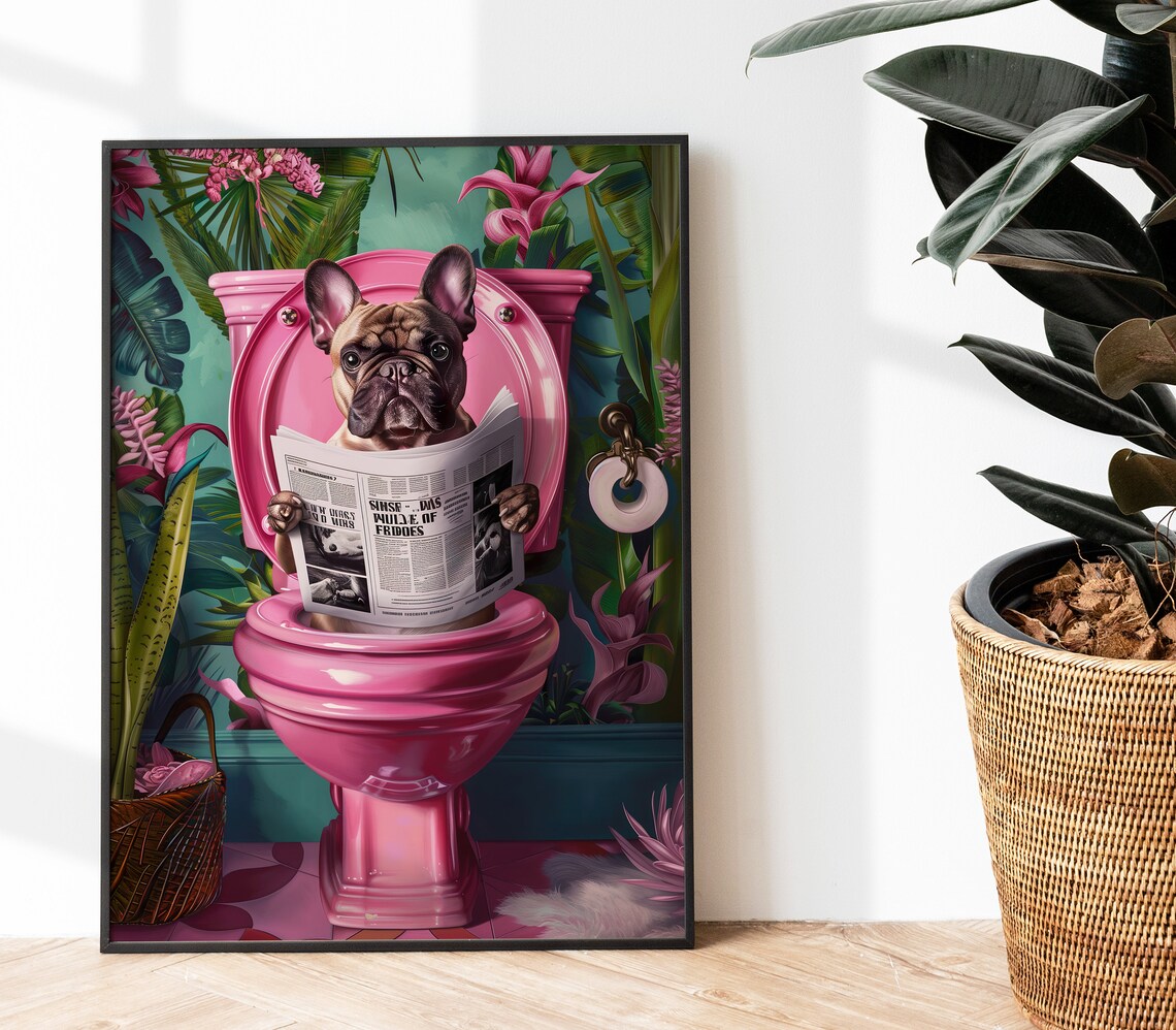 Cream French Bulldog Reading Newspaper On Pink Toilet Poster - Image 3