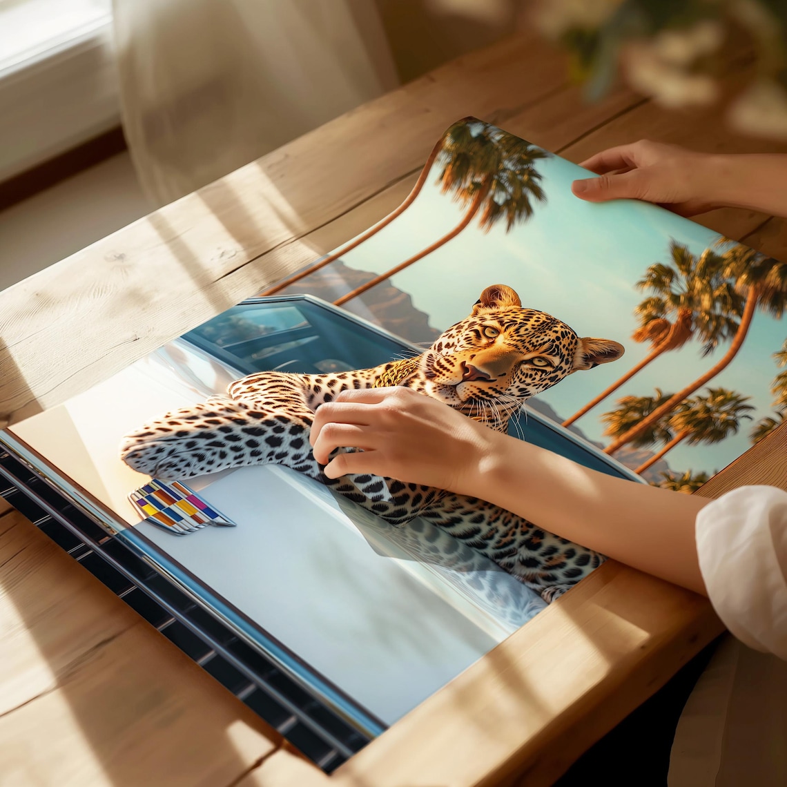 Leopard With Gold Chain On White Cadillac Classic Car Poster - Image 2