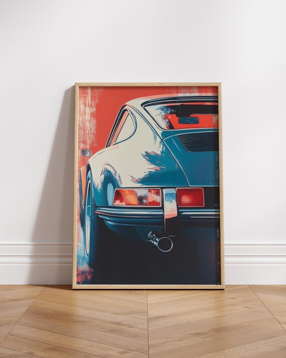 Blue Vintage Sports Car Poster Wall Art Print Automotive Decor Man Cave Home Office