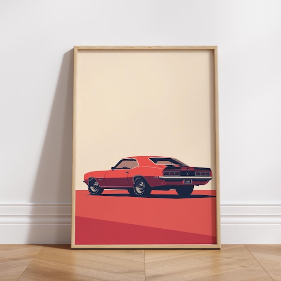 Red Classic Muscle Car Rear Side View Bold Retro Pop Art Poster