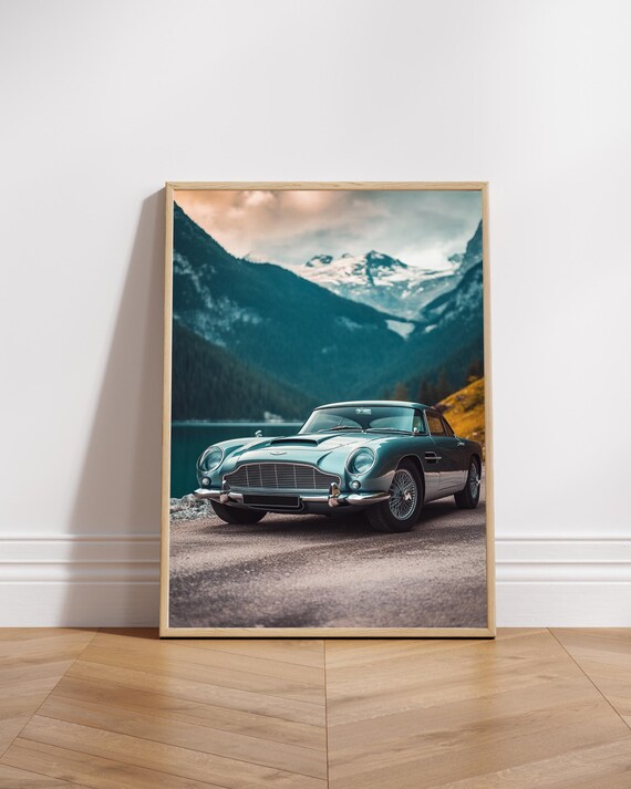 Silver Vintage Sports Coupe Classic Car Mountain Lake Scene Poster