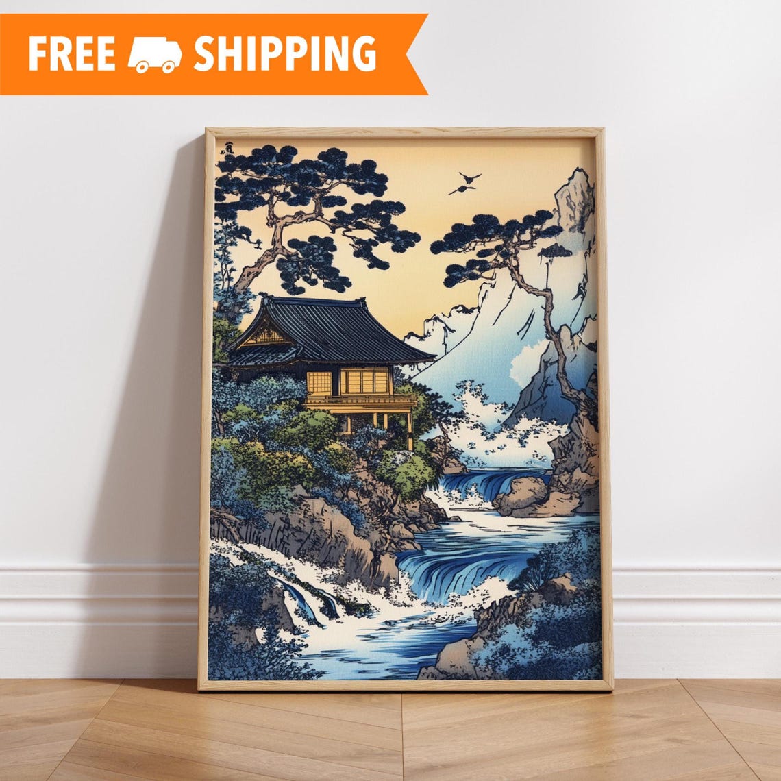 Japanese Temple Waterfall Ukiyo-e Style Zen Nature Art Poster