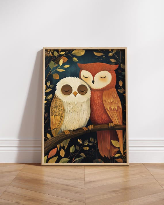 Cozy Owl Couple Love Poster Cute Animal Wall Art Home Decor Gifts Lovers Nursery Print