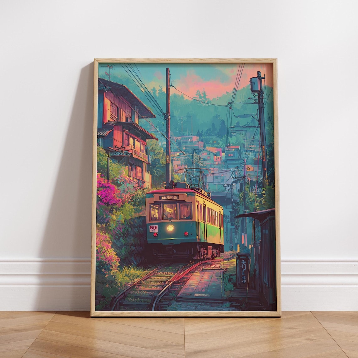 Train Poster Japanese Town, Anime Streetcar Scene