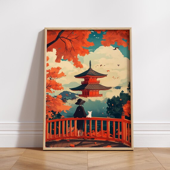 Japanese Temple Autumn Landscape Posters Cozy Home Decor Art Fall Wall For Relaxation