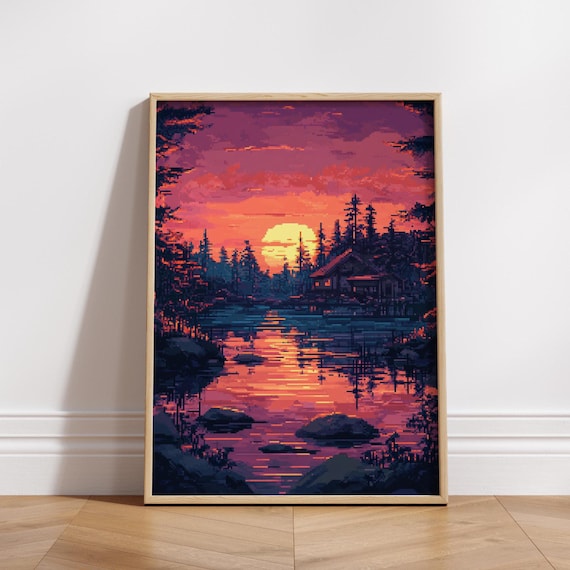 8 Bit Natureinspired Matte Vertical Poster Sunset Scene Wall Art Home Decor Gift For Lovers Cozy Living Space Accent