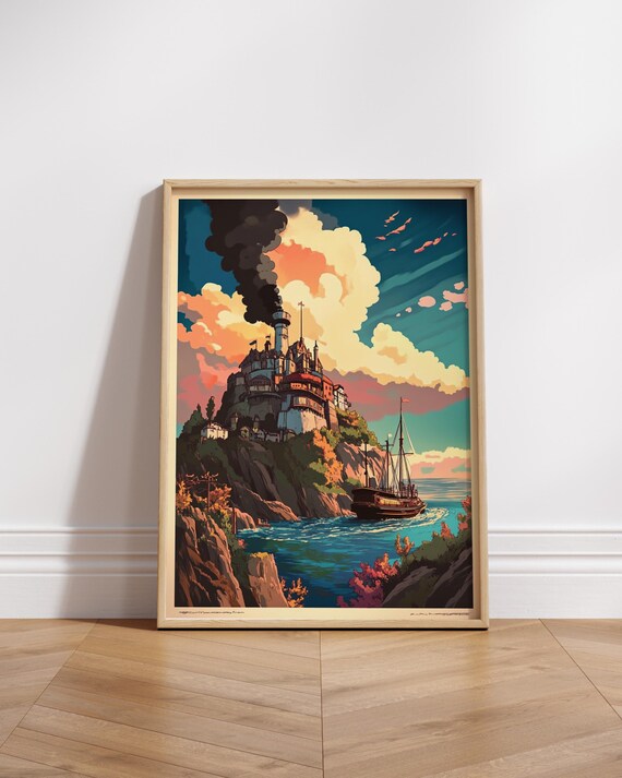Fantasy Seaside Town Landscape Vertical Poster Nautical Wall Art Cozy Home Decor Gift For Sailors And Dreamers