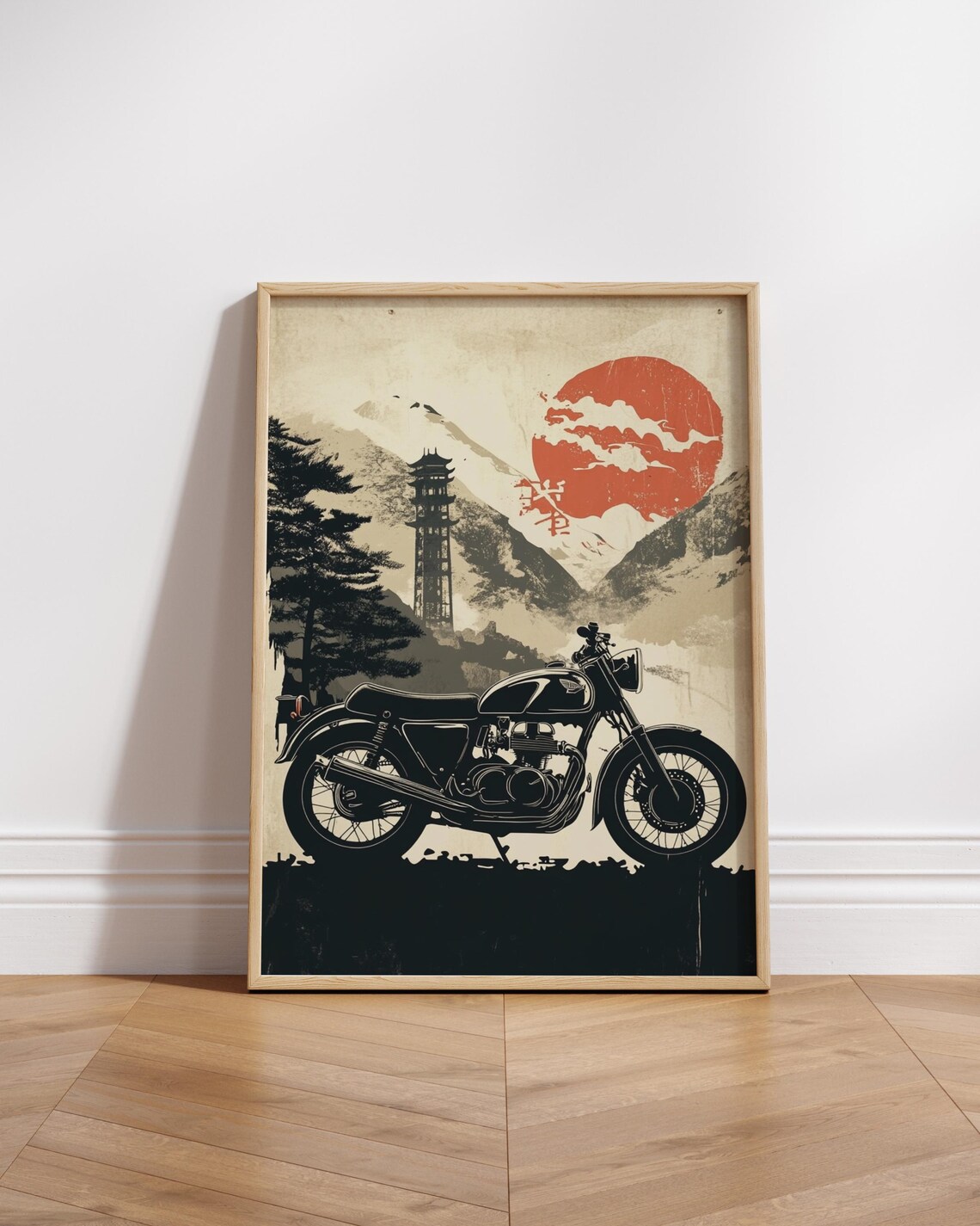 Motorcycle Silhouette Japanese Mountain Sunset Red Sun Art Poster