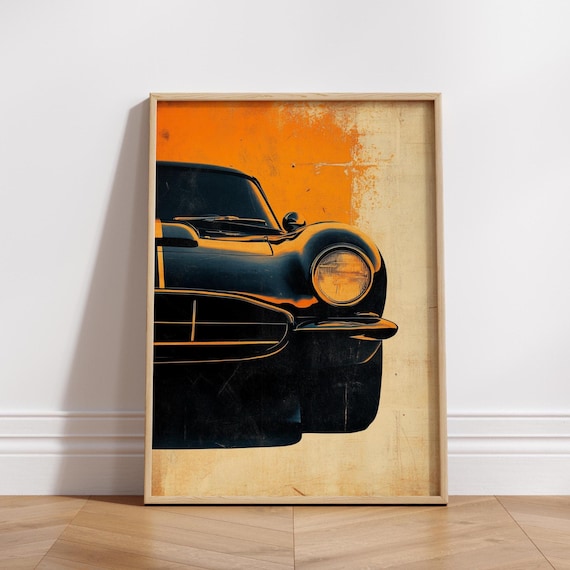 Vintage Sports Car Poster Gritty Frontend Auto Art Print Retro Muscle Wall Decor Classic Ride Gift Bold Orange Garage