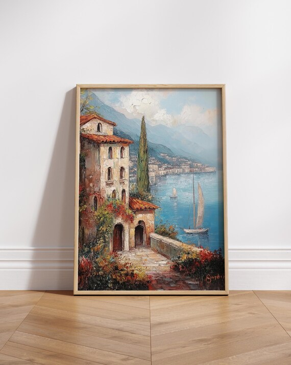 Mediterranean Coastal Villa Sailboats Oil Painting Style Poster