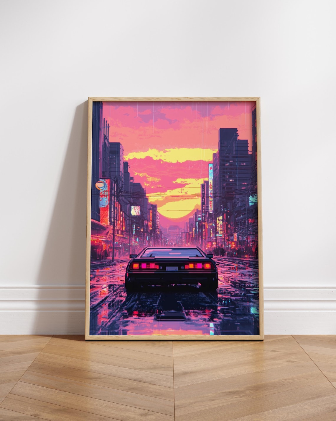 Retro Neon City Street Sunset Sports Car Rain 80s Synthwave Night Poster