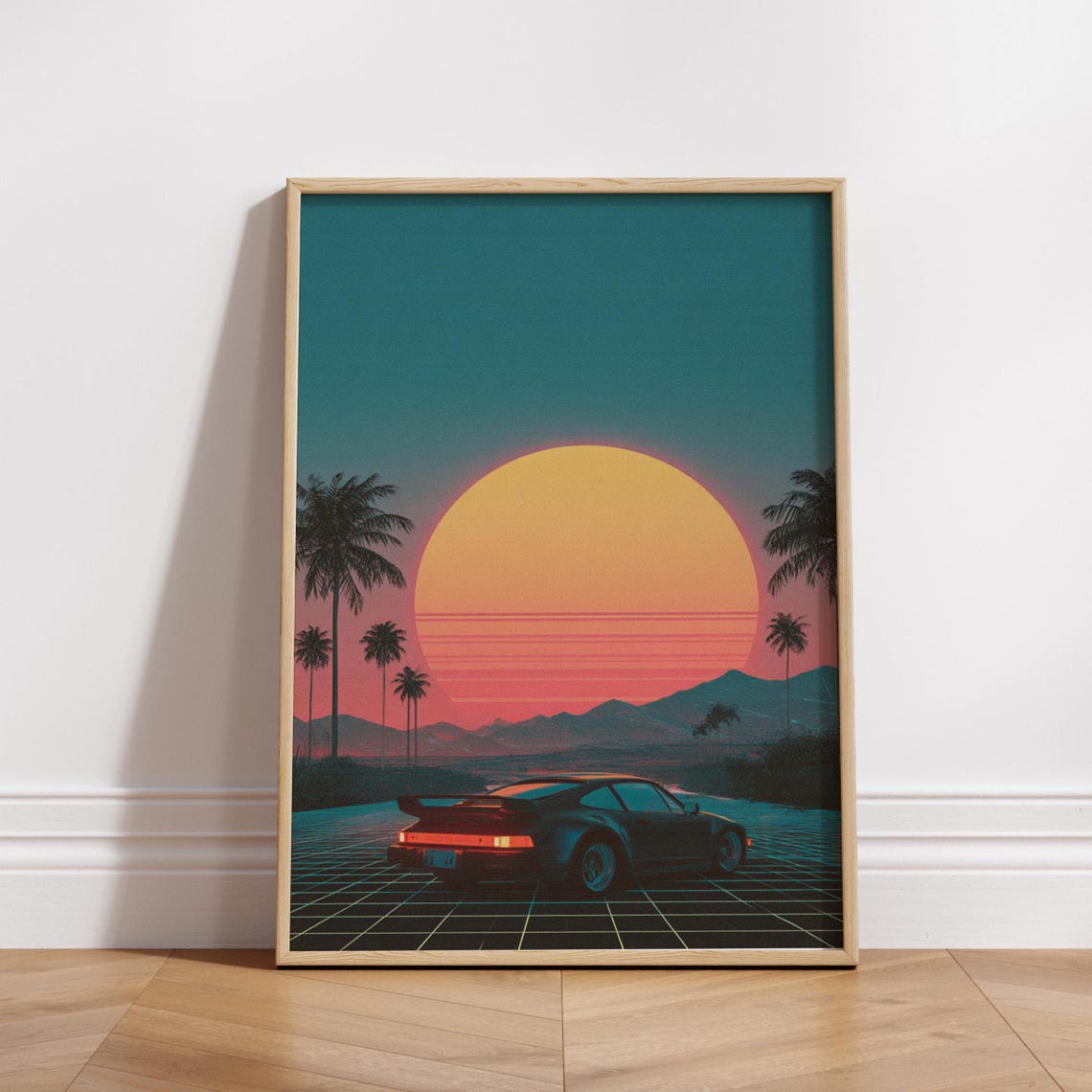 Retro Sunset 8bit Car Poster Wall Art For Home Decor Vintage Gifts Lovers 80s Vibe Print