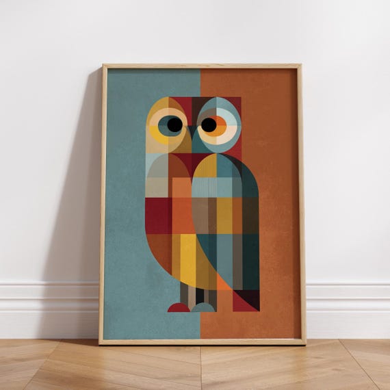 Geometric Owl Poster Midcentury Modern Wall Art Abstract Animal Print Retro Color Block Decor Physical For Home Or Office