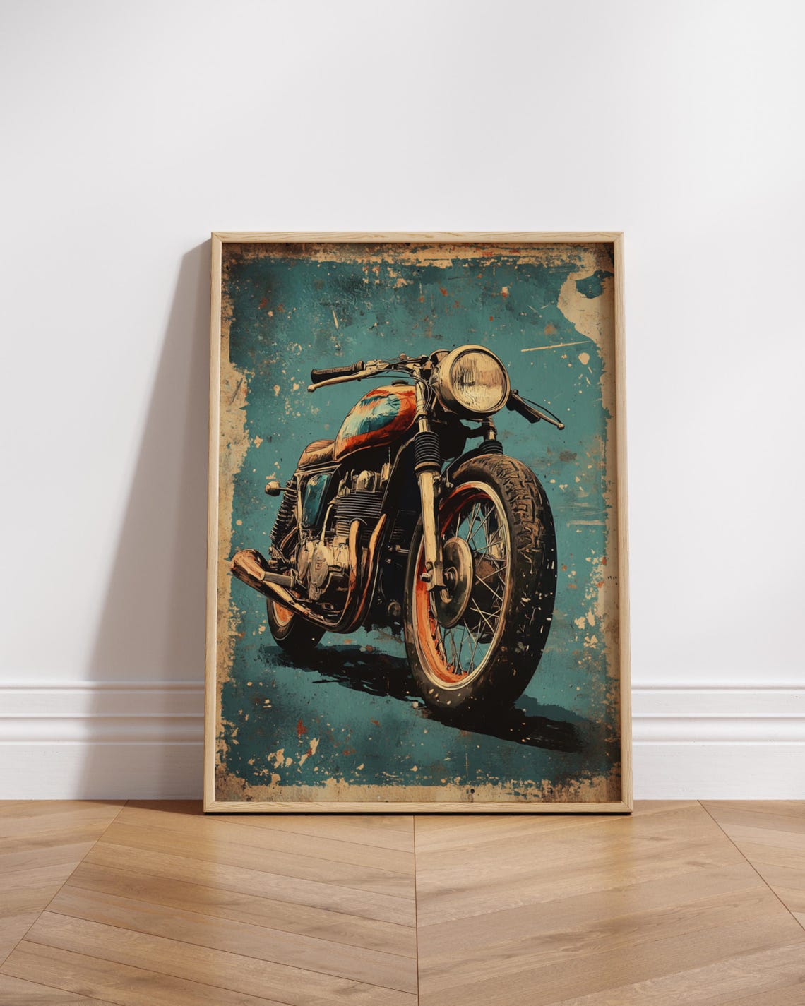 Vintage Cafe Racer Motorcycle On Distressed Teal Retro Art Poster