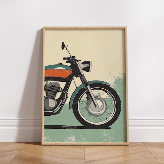 Minimalist Vintage Motorcycle Poster Retro Bike Wall Art Teal And Orange Moto Print Modern Garage Decor Gift For Biker Enthusiasts