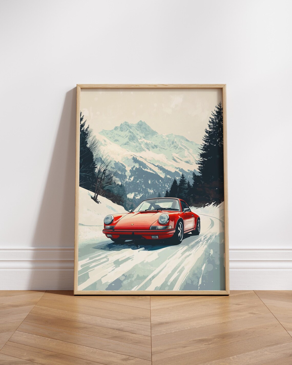 Classic Red Porsche 911 Snowy Alpine Mountain Road Drive Poster