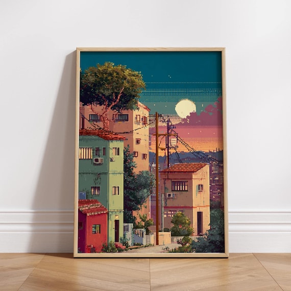 8bit Moonrise City Poster Retro Japanese Neighborhood Pixel Art Print Cozy Anime Urban Wall Decor
