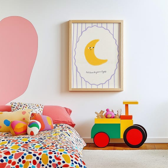 Crescent Moon Nursery Art, Whimsical Bunny Watercolor