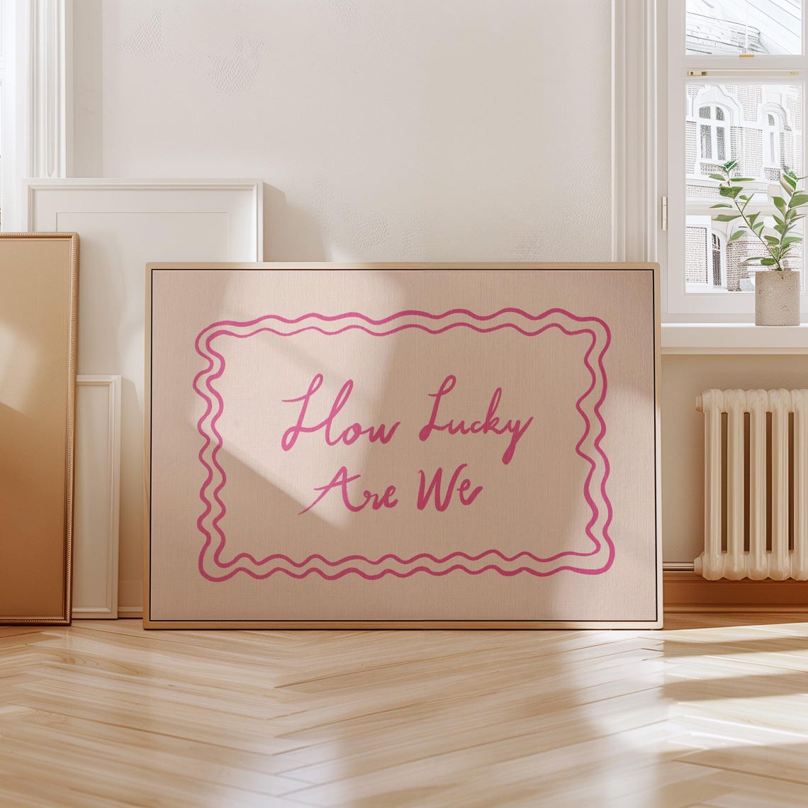How Lucky Are We Pink Hand Lettered Wavy Frame Quote Wall Art