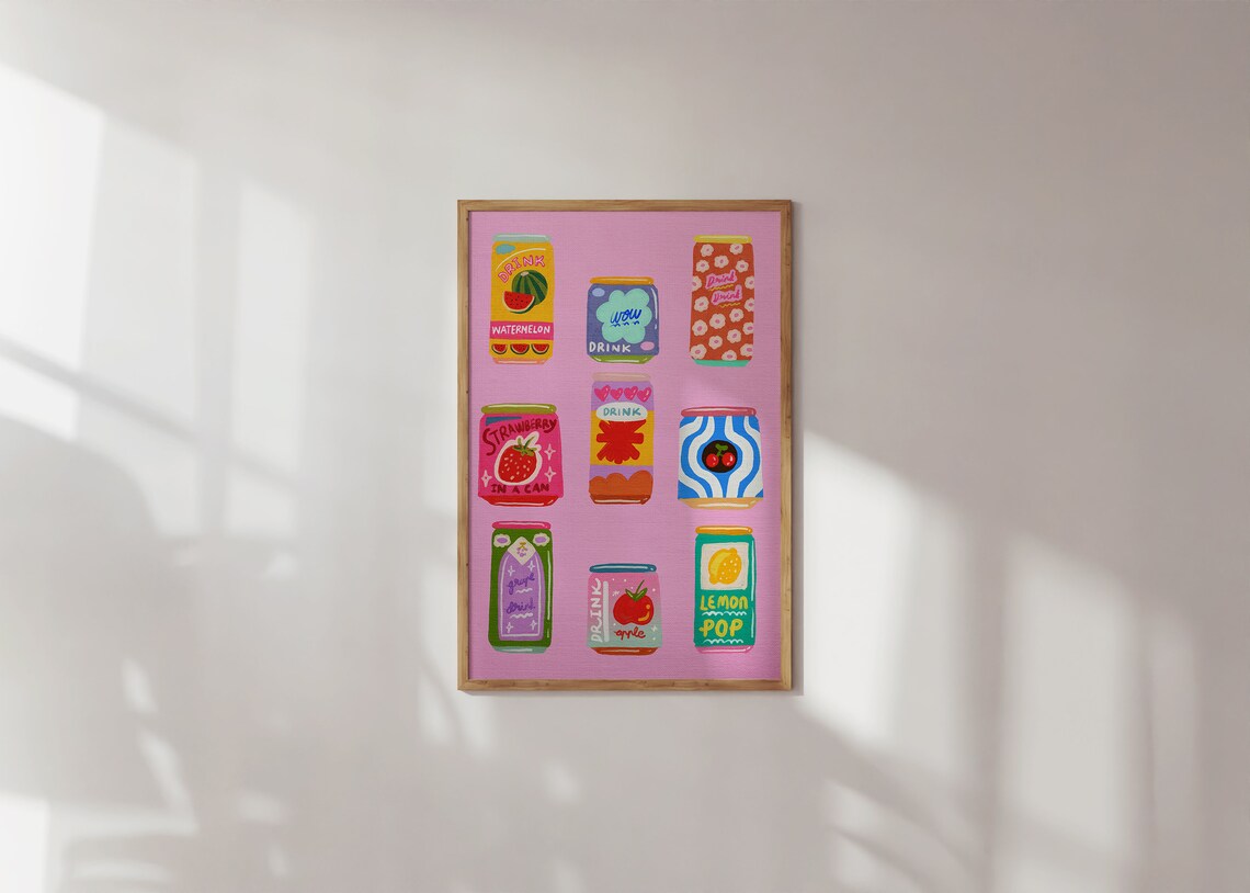 Colorful Drink Can Illustration, Kitchen Art Print