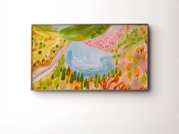 Autumn Lake Valley Watercolor Colorful Hillside Landscape Poster