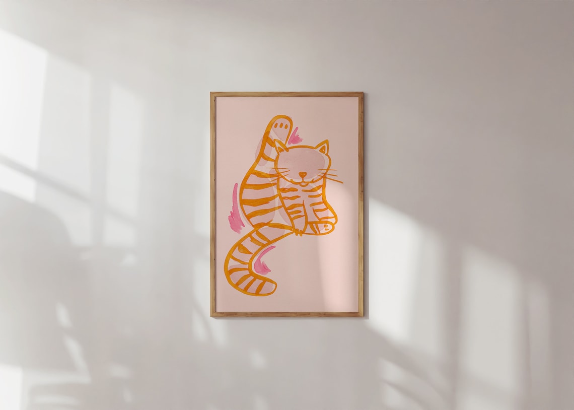 Colorful Cat Pink Orange Abstract Art Print