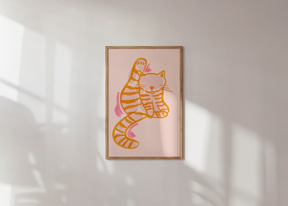 Colorful Cat Pink Orange Abstract Art Print