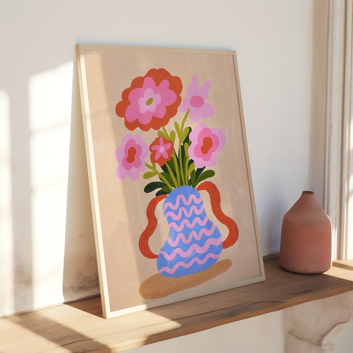 Colorful Whimsical Pink Flowers In Vase Gouache Botanical Art Poster
