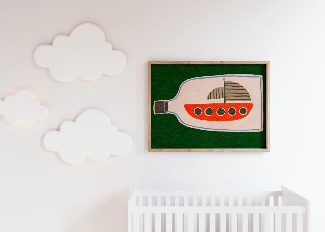 Ship In A Bottle Print, Eclectic Nursery Decor