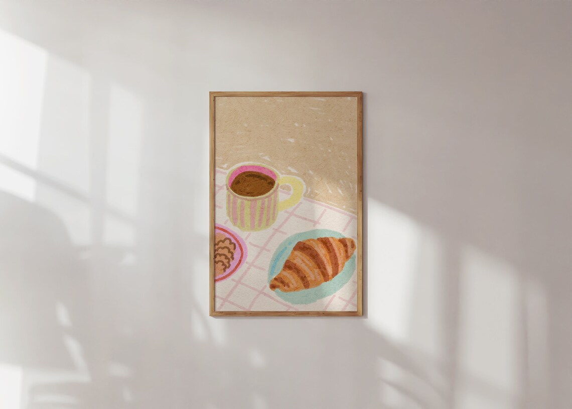 Coffee and Croissant Art Print, Kitchen Wall Decor