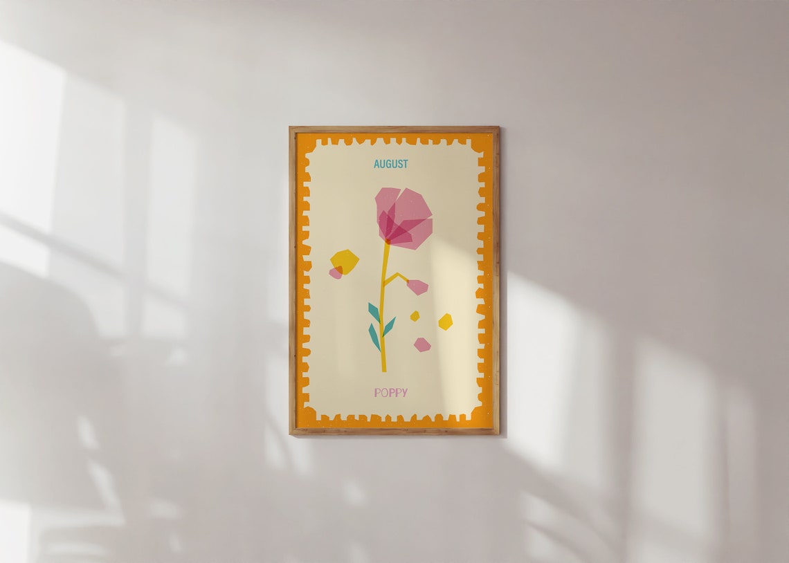 August Poppy Birth Month Flower Stamp Style Botanical Wall Print