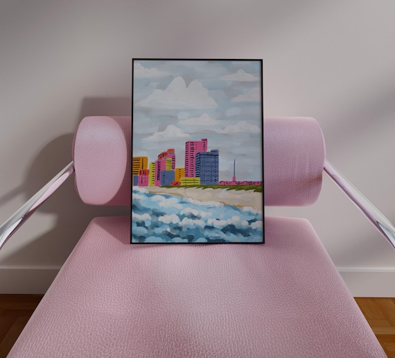 Bright Colorful Coastal City Skyline Over Pastel Ocean Waves Poster