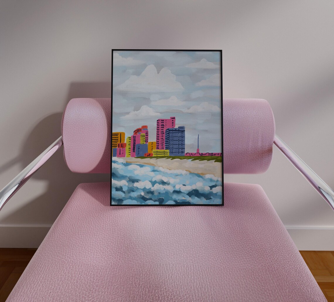 Bright Colorful Coastal City Skyline Over Pastel Ocean Waves Poster