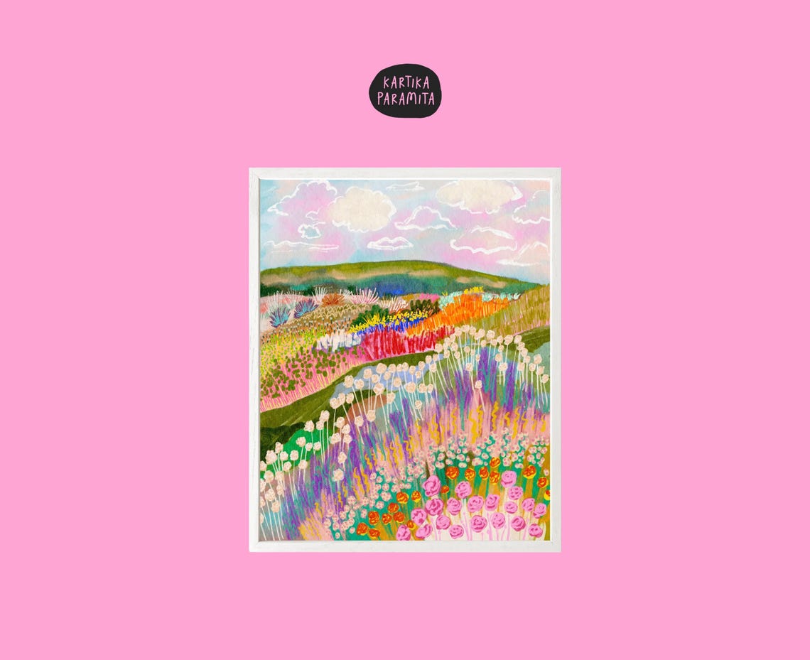 Colorful Wildflower Meadow Mountain Landscape Whimsical Floral Poster
