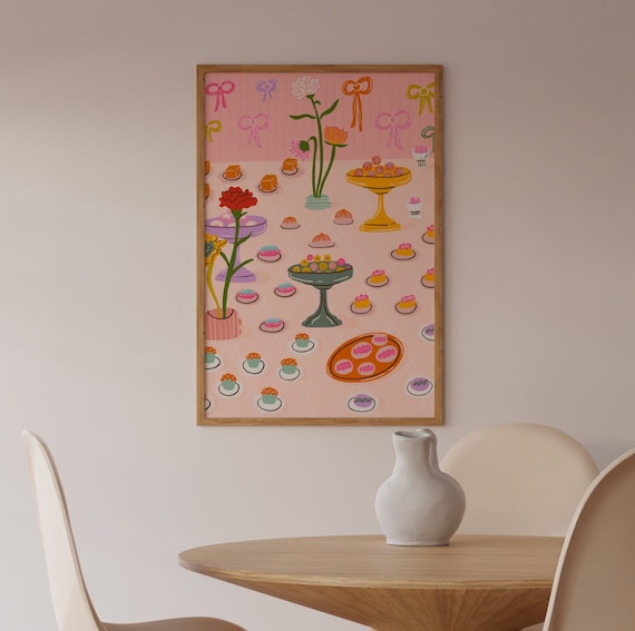 Cake Flowers Still Life Art Print Colorful Home Decor