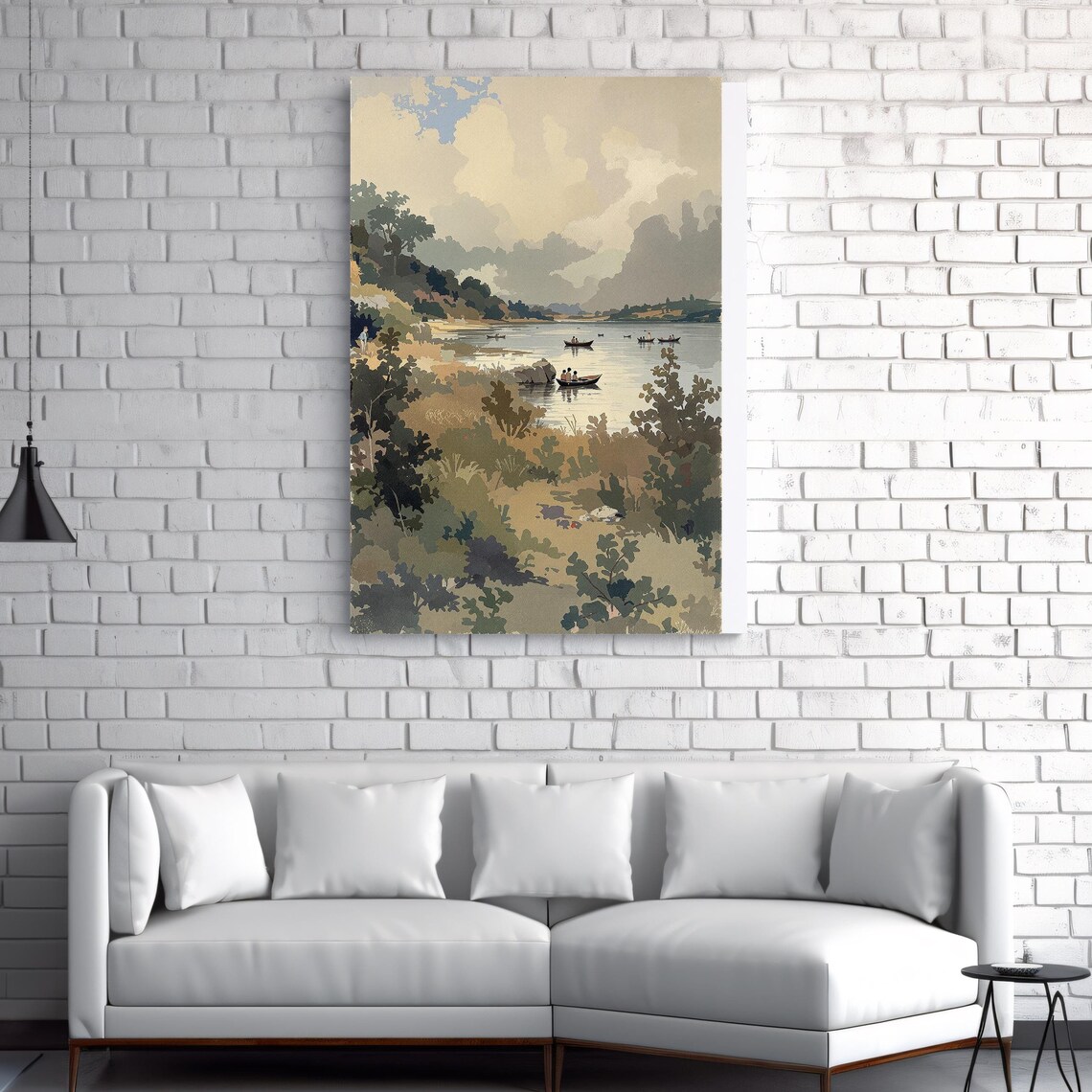 Peaceful Lakeside Landscape Boats Vintage Painting Lake Day Art Print