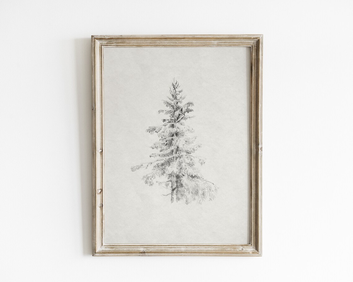 Vintage Evergreen Tree Sketch, Neutral Art Print