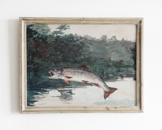 Vintage Fish Art Print Lake Print Trout Painting Vintage Art Art Fishing Decor Watercolor Fish Fishing Print Lake Painting