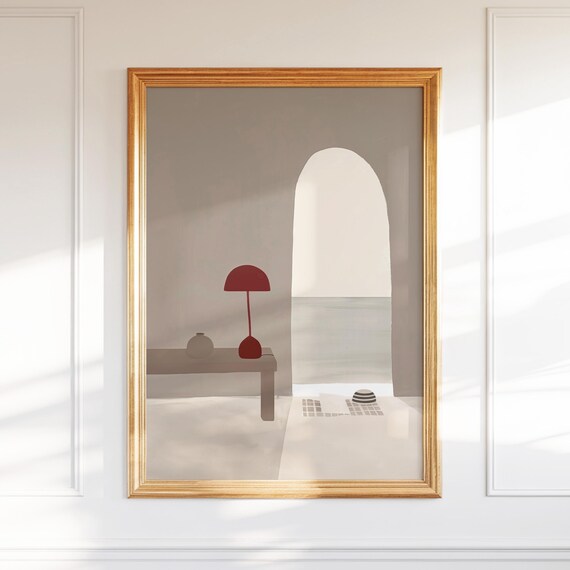 Serene Minimalist Coastal Room with Red Lamp and Arched Window Poster