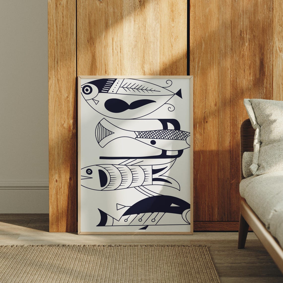 Modern Folk Art Fish Four Navy Blue Minimal Illustration Poster