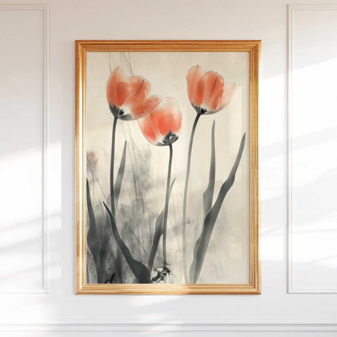 Orange Tulip Blooms Delicate Watercolor Botanical Flower Poster