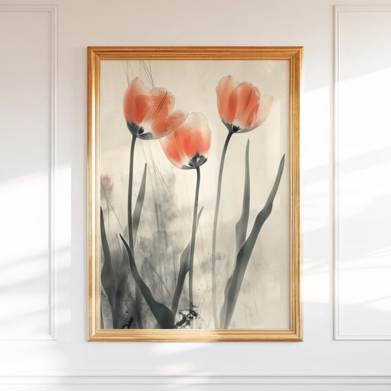 Tulip Watercolor Print Wall Art Orange Floral Botanical Poster For Bedroom Decor Or Wedding Gift